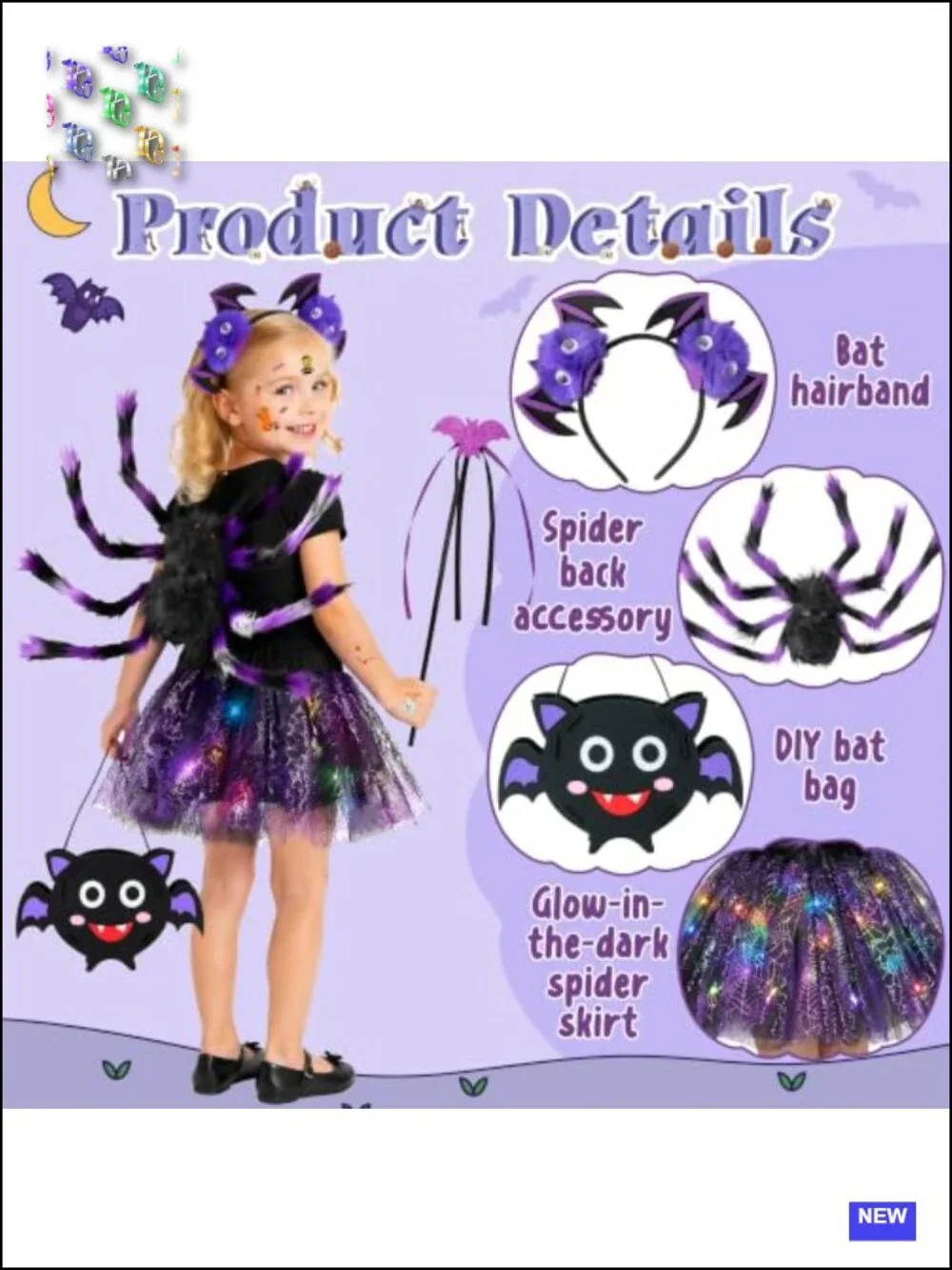 Kids Halloween Spider Costume Set with Skirt Backpack Headband